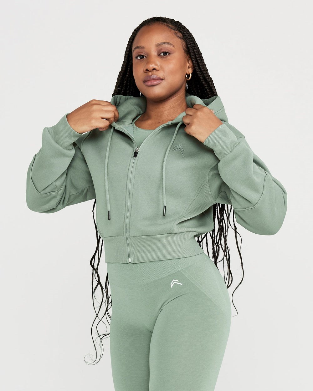 Oner Active Klassische Lounge Cropped Zip Through Hoodie Sage | 07GTXKYUA