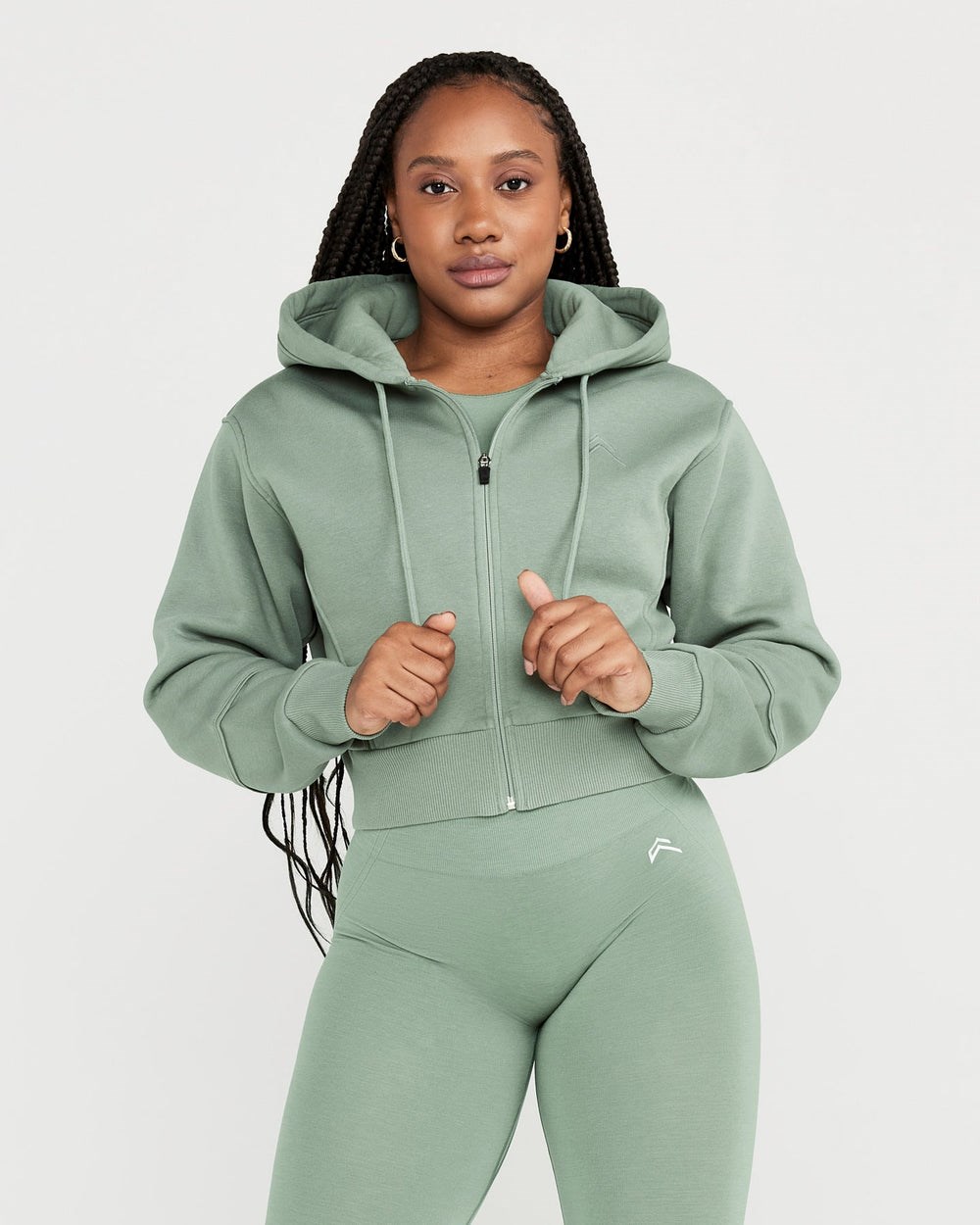 Oner Active Klassische Lounge Cropped Zip Through Hoodie Sage | 07GTXKYUA