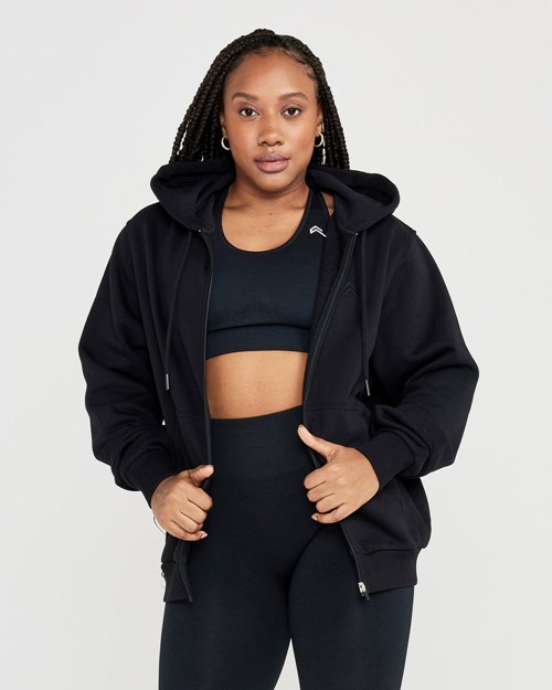 Oner Active Klassische Lounge Oversized Zip Through Hoodie Schwarz | 81DWOZSMC